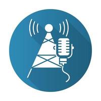 Broadcasting industry blue flat design long shadow glyph icon. Telecommunications and network. Soundwave signal. Telecom tower and microphone. News, radio. Vector silhouette illustration