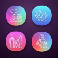 Refugees app icons set. Couple, kid travel abroad with suitcase. Tourist, traveler, passenger. Immigrant child, family. Web or mobile applications. Vector isolated illustrations