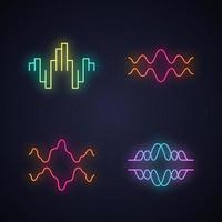 Sound waves neon light icons set. Glowing signs. Audio, music, radio signal waves. Vibration, synergy, motion lines. Digital curve soundwaves frequency. Vector isolated illustrations