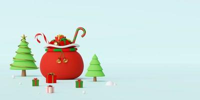 Merry Christmas and Happy New Year, Banner of Christmas bag full of Christmas gifts on a blue background, 3d rendering photo