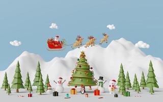Merry Christmas and Happy New Year, Scene of Christmas celebration with Santa Claus and friend at the snow mountain, 3d rendering photo