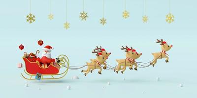 feliz navidad y próspero año nuevo, santa claus en un trineo lleno de regalos de navidad y tirado por renos, representación 3d