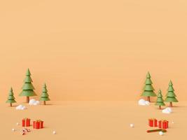 feliz navidad y próspero año nuevo, escena de adornos navideños con espacio en blanco en el medio para publicidad de productos sobre un fondo dorado, representación 3d