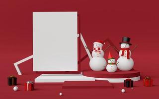 Feliz navidad y próspero año nuevo, escenario de podio y espacio de copia con muñeco de nieve, representación 3d foto