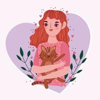 chica de belleza con gato en corazón con hojas de dibujos animados, concepto de mascota vector