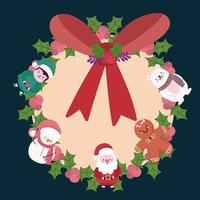 feliz navidad corona decorativa con santa muñeco de nieve oso y ayudante de dibujos animados vector