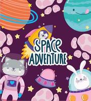 space animals with spacesuit rocket and planet adventure explore cartoon vector