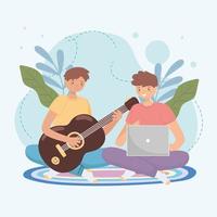 chicos aprendiendo a tocar la guitarra vector