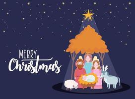 nativity, scene sacred family in hut with star night manger cartoon vector
