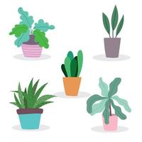 set of plants on pot gardening decoration cartoon flat isolated style vector
