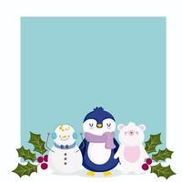 feliz navidad, oso pingüino muñeco de nieve y diseño de bayas de acebo vector