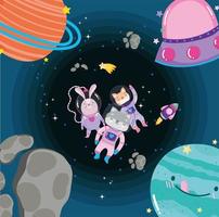 animales espaciales en traje espacial y planetas aventura explorar dibujos animados vector