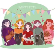 party pets, young women with cats animals cartoon vector