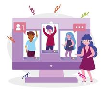 virtual party, woman with people connected by internet celebration event vector