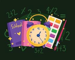 back to school alarm clock watercolor palette and books vector