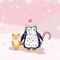 merry christmas, cute penguin and fox with candy cane vector