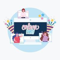 party online, video call, people connected by internet vector