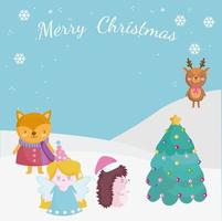 merry christmas, greeting card with deer fox angel in the snow with tree vector