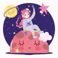 space astronaut girl sitting on planet and stars cute cartoon vector