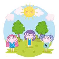 cute girls and boy standing in the grass cartoon, Children vector