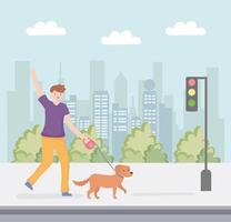 boy with dog walking vector