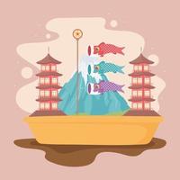 mount fuji and flags fishes vector