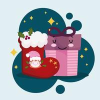 merry christmas, sock with helper and gift box celebration vector