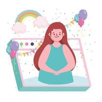 virtual party, woman festive celebrating online birthday vector