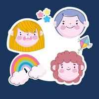 pegatinas divertidas cara niños arco iris y estrellas dibujos animados, niños vector