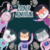 space animals rabbit koala cat fox in spacesuit adventure explore cartoon vector