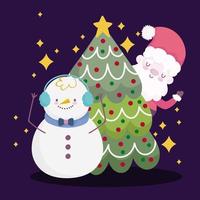 merry christmas, cute santa and snowman with tree decoration design vector