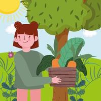 girl picking vegetables in a garden vector