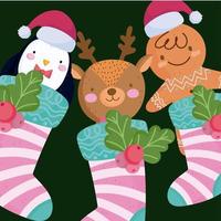 merry christmas, cute gingerbread man deer and snowman in striped socks vector