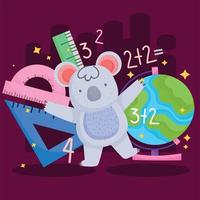 regreso a la escuela lindo koala con mapa del mundo y reglas vector