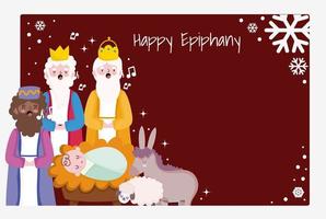 happy epiphany, three wise men baby jesus donkey sing christmas carols vector