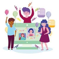 virtual party, people connected with video call with computer vector