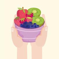 hands with fruits salad vector