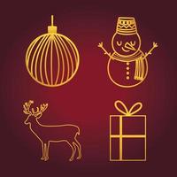 happy new year 2021 golden icons set snowman gift reindeer and ball vector