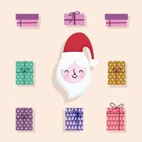 merry christmas cute santa face and gift boxes decoration vector