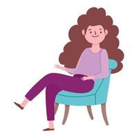 young woman cartoon sitting on chair, white background vector