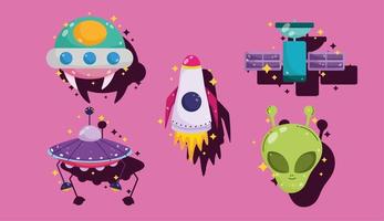espacio ovni nave espacial extraterrestre satélite aventura dibujos animados conjunto de iconos vector