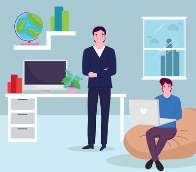 reunión de negocios, jefe y trabajador que trabaja con la computadora portátil en la oficina vector