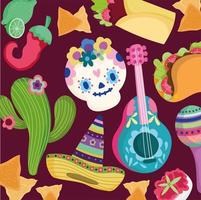 mexico day of the dead culture traditional skull cactus hat guitar food background vector