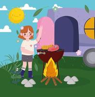 girl camping grilling food vector