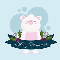 merry christmas, cute polar bear animal ribbon holly berry card vector