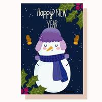 feliz año nuevo lindo muñeco de nieve holly berry tarjeta de felicitación vector