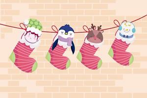 merry christmas, hanging socks with cute penguin deer helper and snowman decoration vector