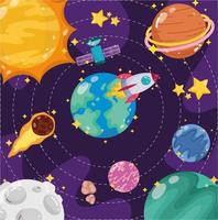 space earth planets moon sun satellite spaceship and comet cartoon vector