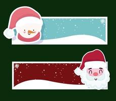 merry christmas banner santa claus and snowman with snowfall decoration vector