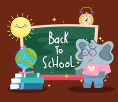 back to school cute elephant with chalkboard map on books cartoon vector